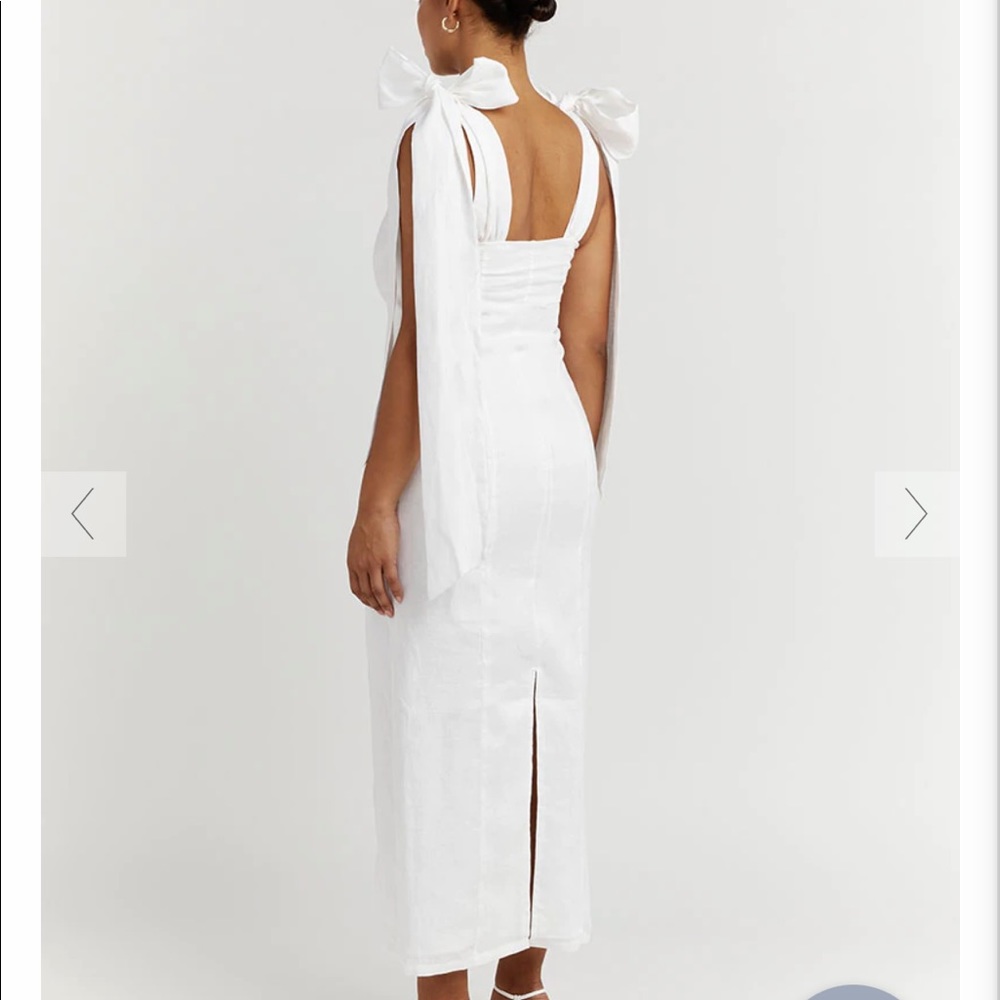 DISSH AISLE WHITE LINEN BOW MIDI DRESS